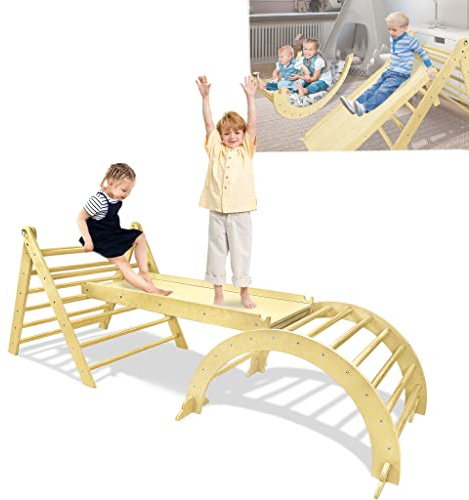 YARDIN Klettergerüst für Kinder 3er-Set Kletterdreieck mit Rutsche + Kletterbogen,Naturholz Klettergerüst mit doppelseitigen Rampe, Kletterbogen Lernspielzeug für Kleinkinder