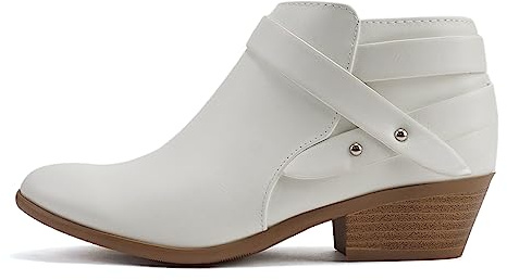 Soda SWEETEN Women's Fashion Closed Toe Multi Strap Ankle Bootie Block Heel (White PU Sweeten, numeric_11)
