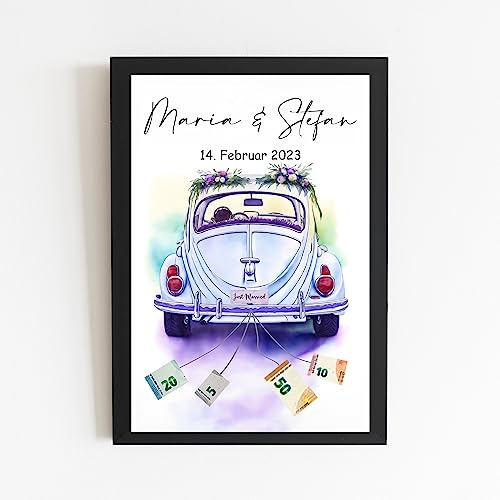 MyPrezzie Personalisiertes Geldgeschenk Hochzeit | Hochzeitsgeschenke für Brautpaar mit Namen und Datum | „Wedding Money“ | Einfach und Schnell (Hochzeit Geldgeschenk (Auto), 20 x 30 cm)