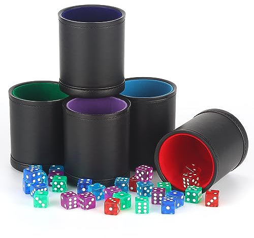 Packung mit 5 Würfelbechern aus schwarzem PU-Leder mit Buntem Samtfutter und 30 passenden bunten transparenten Würfeln