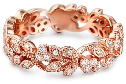 Jeulia Verlobungsring aus Sterlingsilber, gemeißelte Blume und Blatt, einzigartiger Zirkonia-Ring für Damen, Verlobungsring, Schmuck, Geschenk (Roségold, 58(18.5))