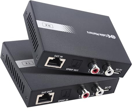 Cable Matters 990ft Extra Long Range Audio Over Ethernet Adapter Kit with Built-in Digital to Analog Converter(DAC), Support Optical Audio Toslink, L/R RCA (AudioExtender Over Cat5e/Cat6 Adapter)