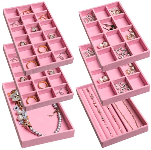 Frebeauty Bandeja organizadora de joyas, bandejas apilables de terciopelo para joyas, insertos de cajones, organizador de aretes para mujeres y niñas, estuche de almacenamiento de joyas para anillos,