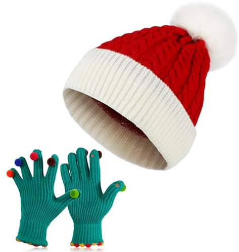 TAGVO Weihnachtsmütze Nikolausmütze Erwachsene und Strick Touchscreen Fingerhandschuhe, Weihnachtsfeier Rote Santa Mütze für Damen,Hüte Kostüm Zubehör Kostüm für Kostümpartys, Christmas Feiertage