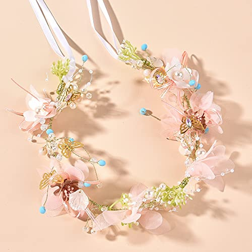 Whakano Blompannband, blommor pärlor fjärilar blomma hårband, hårsmycke nattvard, brud blomkrans, glänsande hårsmycke huvudbonad för kvinnor och flickor, bröllop, födelsedag, fest, rosa