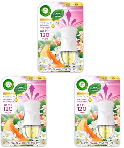 Air Wick Duftölflakon – Starter Set mit Duftstecker und Duftflakon für die Steckdose – Duft: Sommervergnügen – 1 x Gerät und 1 Nachfüller – Plastikfreie Verpackung (Packung mit 3)