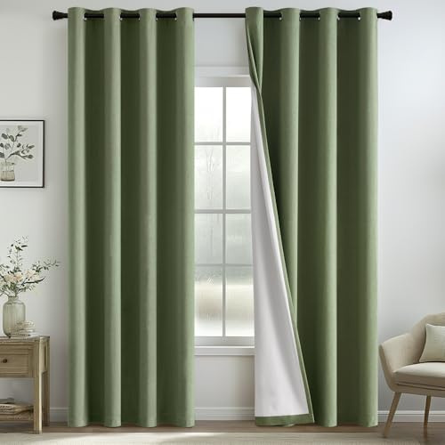 MIULEE Gardinen Vorhänge Verdunklungs Vorhang Gardine Wohnzimmer Blickdicht Leinen Gardinen mit Ösen Thermovorhang Kälteschutz Fenster Modern Schlafzimmer Balkontür Küche Grüner 140 x 245 cm