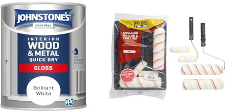 Johnstone's - Quick Dry Gloss Finish - Brilliant White - Water Based - Interior Wood & Metal - Radia & Fit For The Job 7 piece Emulsion Paint Roller Set, 2x 9 inch & 2x Mini Paint Rollers, Frame