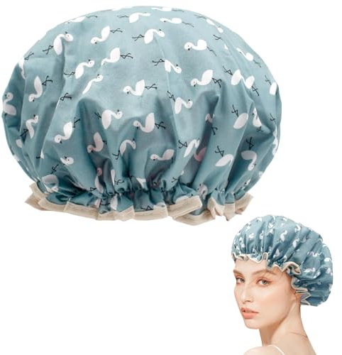 Shower Cap for Women, Elastic Band Waterproof Plastic Shower Cap, Double Layers Reusable With Ruffled Edge Covering Ears for Long, Short and Curly Hair (Blue Bird)