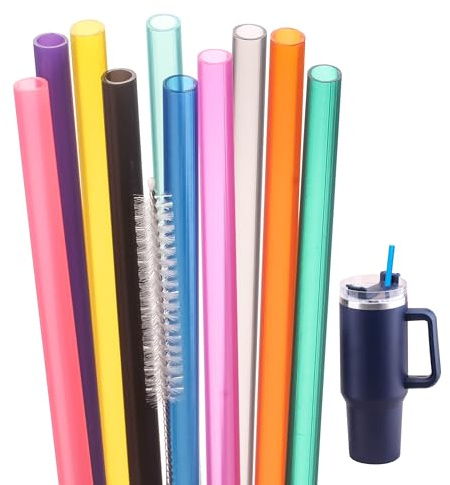 Dakoufish 15 Inch 10 Color Replacement Reusable Drinking Straw for Stanley 128 oz 100 oz 64 oz Tumbler,Dishwasher Safe Straws for Stanley Cup Accessories,Set of 10 with Cleaning Brush