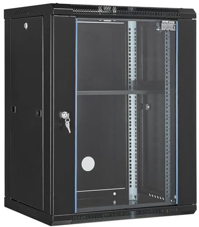 VEVOR Gabinete para Servidor de Montaje en Pared 15U, gabinete para Rack de Red con Ruedas, Carga de Piso 500 lbs, Puerta de Vidrio Templado con Cerradura, Acero al Carbono Q235, para Equipos de TI