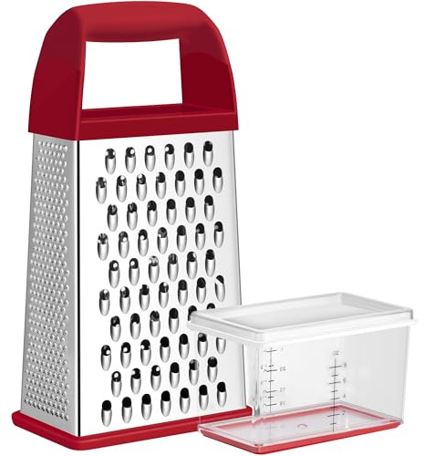 Urbanstrive Cheese Grater With Container, Professional Cheese Grater with Handle, Stainless Steel Graters for Kitchen Handheld, Box Grater with 4 Sides for Vegetables, Ginger, Potatoes (Red)