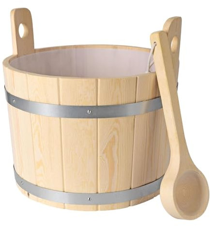 Milageto Secchio e mestolo per sauna in legno da 17 litri, strumento per bagno a vapore SPA con manici, robusto accessorio SPA portatile multiuso per la casa