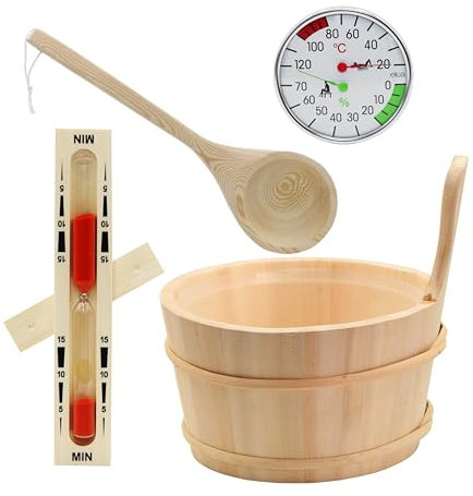 HAF® Set de cubo de sauna de álamo de 4 litros con inserto, paleta de sauna de 40 cm, madera de pino, reloj de arena y medidor climático, cubo de infusión resistente a la humedad, accesorios para