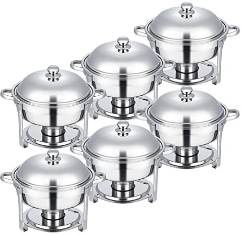 WILPREP Chafing Dish Food Warmer of 6, 5L Round Stainless Steel Buffet Set Warming Container with Lids Food Pans Bain Maries and Fuel Holders for Catering, Buffet and Party