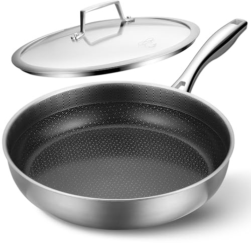 PekGema Hybrid Nonstick Frying Pan 12 inch with lid,5-Ply Stainless Steel Skillet,Ceramic Coating PFAS-Free.Oven-Safe 500°F,Induction Compatible with All Cooktops,Stay-CoolHandle,Dishwasher-Friendly,