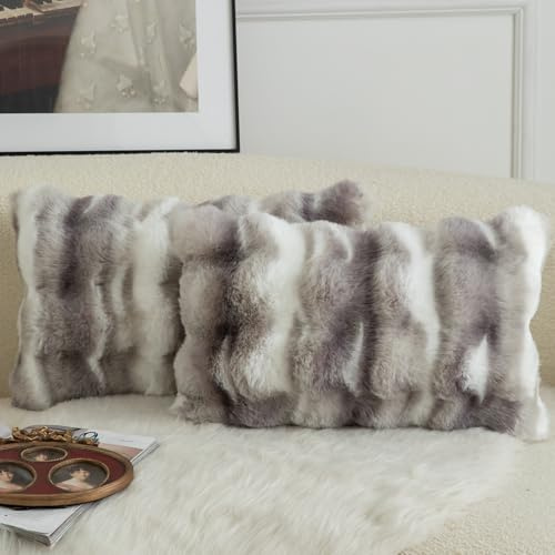 Mandioo 2er Set Luxus Dekorativ dicken Woll Kissenbezug Super Soft Wave Blase Plüschwolle werfen Kissenbezüge Zierkissenbezüge Sofakissen Schlafzimmer Kissenhülle für Sofa 40x60cm Weiß Grau