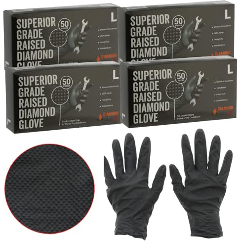 Masterpart Raised Diamond Grip Non Slip Chemical Resistant Black Nitrile Heavy Duty Gloves Large Pack Of 4 200 Gloves