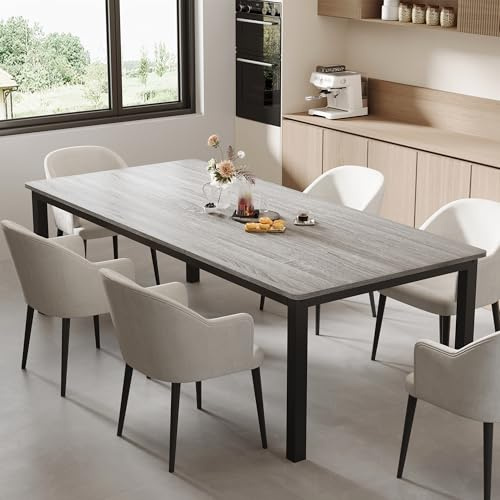 GarveeHome 70.8 in Industrial Dining Table for 6, Wooden Long Dinner Table with Mortise Tenon Design, Kitchen Table with Sturdy Metal Legs, for Dining Room Home Office Living Room, Grey