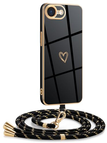 Mkej Hülle Kompatibel mit iPhone 16E/ iPhone 17E Hülle mit Band, Galvanik Silicone Handyhülle mit Herz Love Design, Abnehmbar und einstellbar Handykette für iPhone 16E/ iPhone 17E