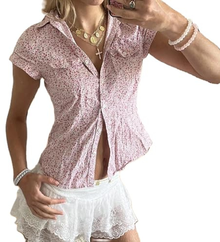 YILEEGOO Women's Basic Button Down Shirts Cap Sleeve Lapel Collar Tight Blouse Tie Up Back Slim Fit Tops Summer Office Shirt (Z13-Pink, L)