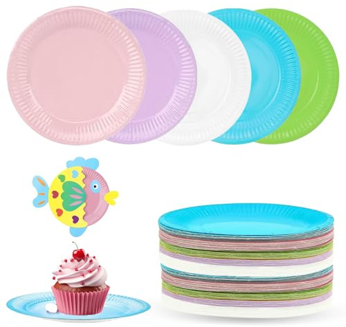 Kokoie 50 Stück DIY Bunt Pappteller, Bunt Party Pappteller Rund, 7 Zoll Rund Teller Papierteller, Kindergeburtstag für Feste und Feiern wie Geburtstag oder Grillabend