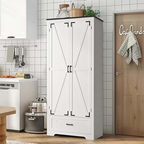 Pamapic Farmhouse Kitchen Pantry Cabinet - 71 Tall Wooden Storage Cabinets with 2 Barn Doors, Versatile Storage Cabinet with Shelves & Drawers for Dining Room, Bathroom,White