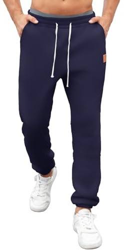 Aisprts Mens Fleece Joggers Loose Fit Cuffed Leg Tracksuit Bottoms Men, Winter Warm Lined Sweatpants with Drawstring, Mens Thermal Trousers for Gym & Lounge, Navy Blue, M