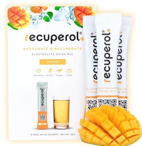Recuperol Electrolytes Sachets - Rehydration Electrolytes Powder with Zinc, Vitamin C, B12, D3 & Potassium for Hydration - Sugar Free, Vegan & Low Calorie - Mango 8 Pack