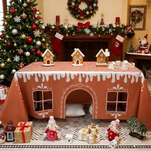 WPDUIODF Gingerbread House Christmas Tablecloth, FunTable Cloth,Santa Decorations Table Cover Play House For Kids, Washable Xmas Table Tent