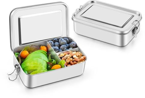 Onader Edelstahl Brotdose mit Fächern 2er Set, 1400ml Bento Box mit Deckel | Metall Lunchbox mit Abnehmbar Trennwand, Lunch Box Snackbox für Kinder & Erwachsene, Auslaufsicher & Spülmaschinenfest