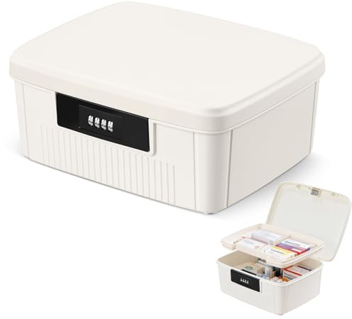 Yekolau Lockable Storage Box with Combination Code - Secure Document and ID Organiser, Waterproof Medication Case, Portable Food Safe Locking Box with Removable Tray for Home Office Travel (White)
