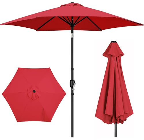 Yaheetech 2.7M Round Garden Parasol Umbrella Outdoor Sun Shade with Tilt & Crank Handle for Patio, Balcony, Deck, Pool and Beach - Red