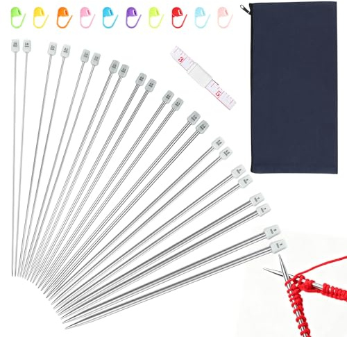 Knitting Needles Set, 25cm Long, 11 Pairs, with Storage Bag, 2.0mm-8.0mm | Stainless Steel, Knitting Needles, Single Pointed, with 10 Locking Stitch Makers, for Beginners, Professionals, Handmade DIY