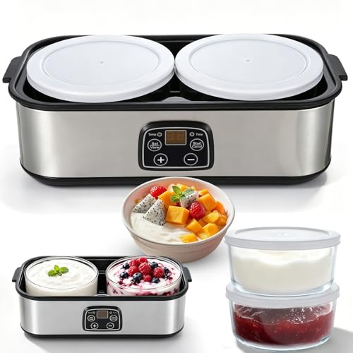 Máquina automática de yogur eléctrica de 2 litros con temperatura ajustable y temporizador, pantalla LED y 2 recipientes de vidrio para hacer yogur orgánico, productos lácteos, queso y natto