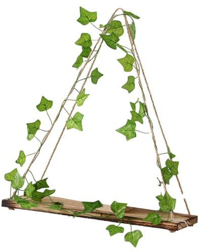 CATIEBYE Mensola da Muro Sospesa Edera Artificiale Verde e Luci Led, Ripiano Portaoggetti in Materiale Sintetico Ecologico senza Odore, Stile Rustico per Decorazioni Casa e Patio