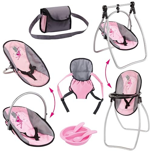 Bayer Design - 63608AB, Puppenzubehör, Puppenhochstuhl, Puppentrage, Puppenwiege, mit Tasche, grau, rosa