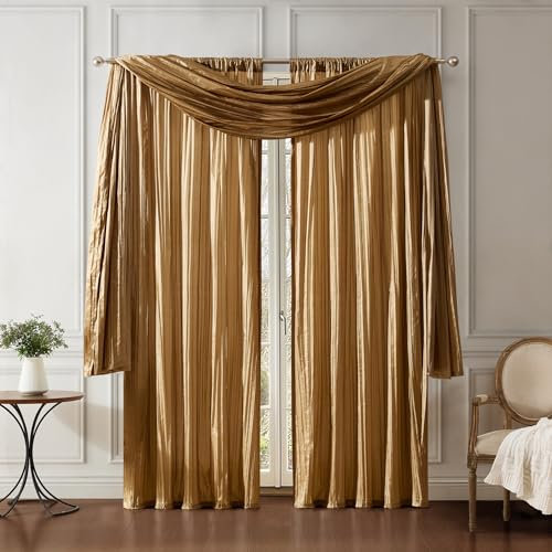 Elrene Home Fashions Athena Faux Crushed-Silk Window Curtain Panel and Valance Set, 52x108 (2 Panels) & 1 Valance, Gold