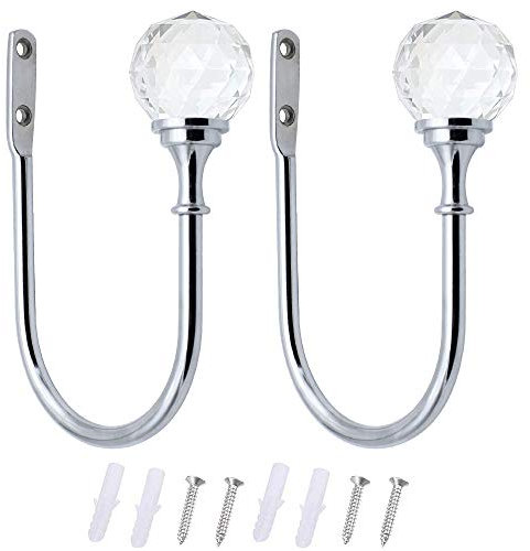 BlueXP 2 Pack Metal Curtain Holdback Hook Crystal Ball U-Form Wall Mounted Curtain Tie Back Hook Decorative Curtain Drapery Holdback Arms Hook for Window Shower Curtain Drapery Voile Towel Coat Sliver