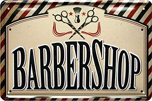 WOGEKA ART Targa in metallo retrò – Barber Shop Barbiere – Scritta divertente come idea regalo per compleanno, Natale, decorazione 20 x 30 cm, design vintage in metallo 708