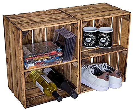 Kistenkolli Altes Land geflammte Holzkiste Bella 40 x 30 x 25cm Holzkiste Möbel-Kiste | Wein-Kiste | Obst-Kiste | Apfel-Kiste | Deko-Kiste aus Holz (2er Set Quer)