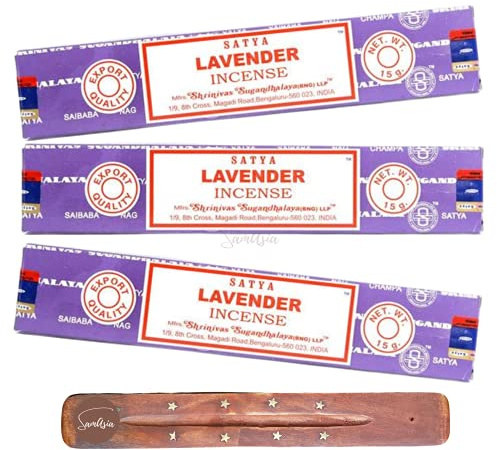 Satya Nag Champa Lavender Incense Sticks | x3 pack | with SAMASIA incense sticks holder | Used for Aromatherapy, Yoga, Meditation and Relaxation