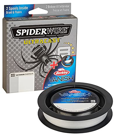 SpiderWire Ultracast Braid Vanish Fluorocarbon Dual Spool, 30lb Translucent Braid with 50lb Clear Fluoro Leader, 164yd | 150m