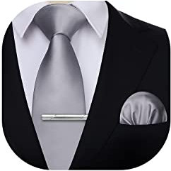 HISDERN Krawatte für Herren Grau - Krawatte mit Einstecktuch Krawattenklammer Hochzeit Einfarbig Seide Krawatten und Taschentuch Set für Männer