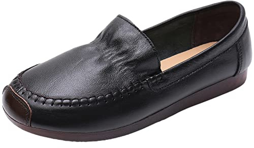 Jamron Mujer Piel Genuina Mocasines Anchos Bailarinas Suela Blanda Ligero Cómodo Zapatos para Caminar sin Cordones Negro EU39.5