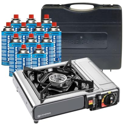 Gasspis KEMPER rostfritt stål 2200W + 12 gaspatroner 227 gr tändning piezo säkerhetsinsats