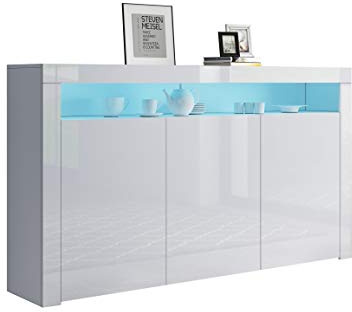 Anrichte Hochglanz 3 Türen Anrichte Schrank Aufbewahrungsschrank mit LED-Leuchten Moderne Wohnzimmer Schlafzimmer Möbel (Weiß)