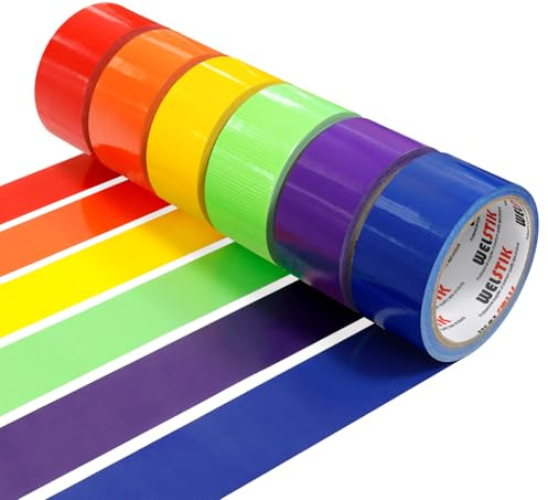 WELSTIK 6 rotolo colorati Nastro adesivo telato 50 mm x 9,14 m, resistenti, flessibili, impermeabili e strappati a mano, colori vivaci, ideali per fai da te kit di arte a casa scuola