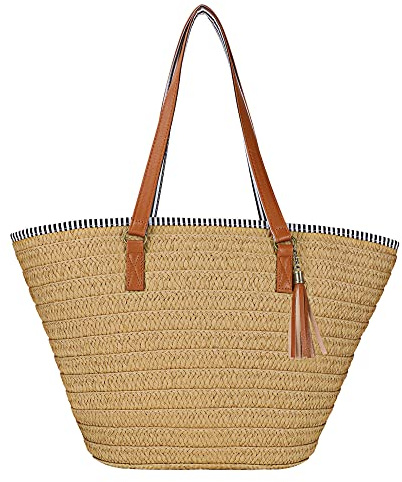Womens Large Straw Shoulder Bag Beach Tote Handbag Purse with Tassel for Summer