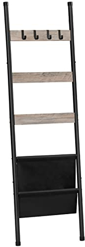 HOOBRO Blanket Ladder, 5 Tier Towel Rack, 17.3 L x 63 H, Wall-Leaning Blanket Rack for Living Room, Decorative Ladder with 4 Hooks and Magazine Pocket, Greige BG32CJ01